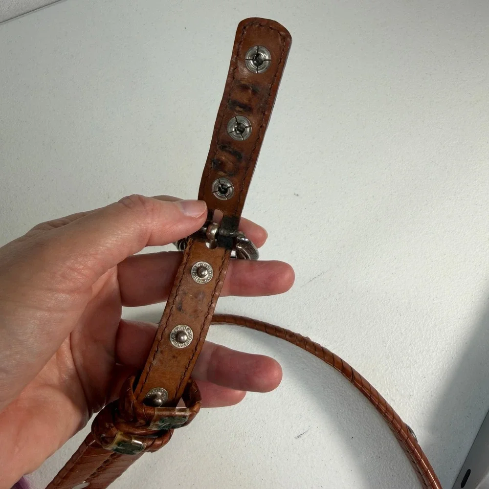 Vtg 90s Sz 36 Leather Belt Western Concho Braided Whipstitch Brown‎ Woven Boho
